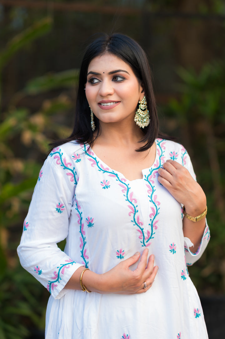 White Rayon A-Line Chikankari Kurta -Custom Made