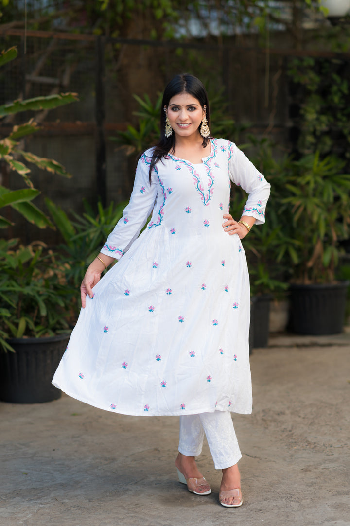 White Rayon A-Line Chikankari Kurta -Custom Made