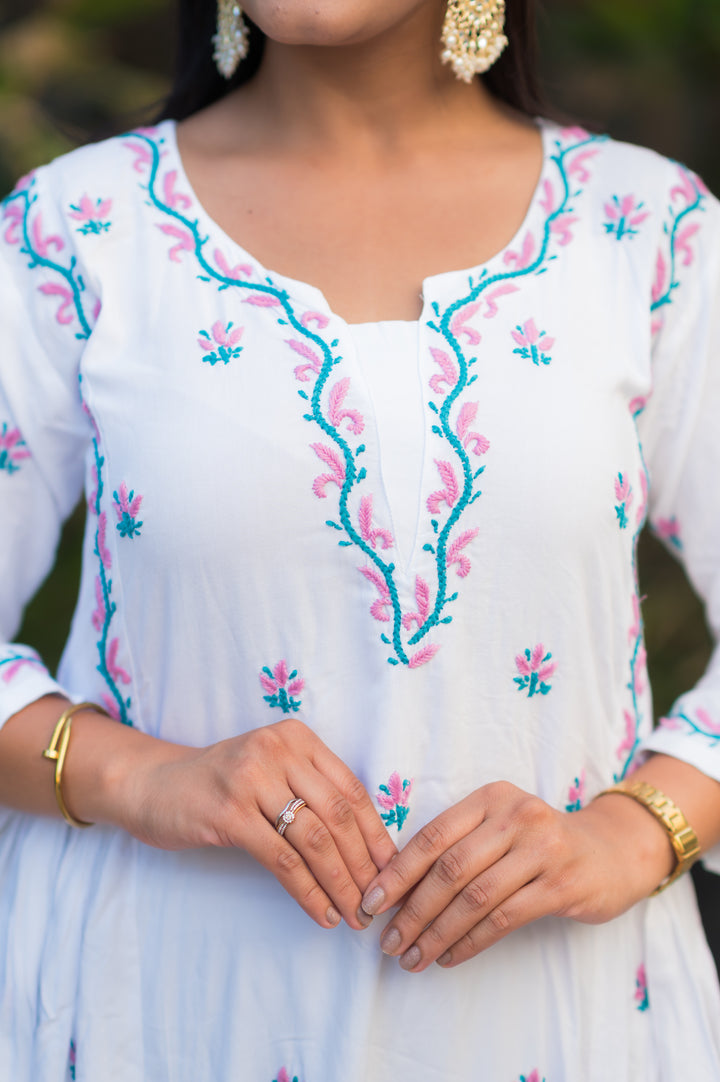 White Rayon A-Line Chikankari Kurta -Custom Made