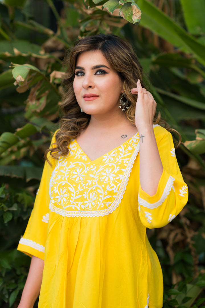 Yellow Rayon Chikankari kurta -Custom Made