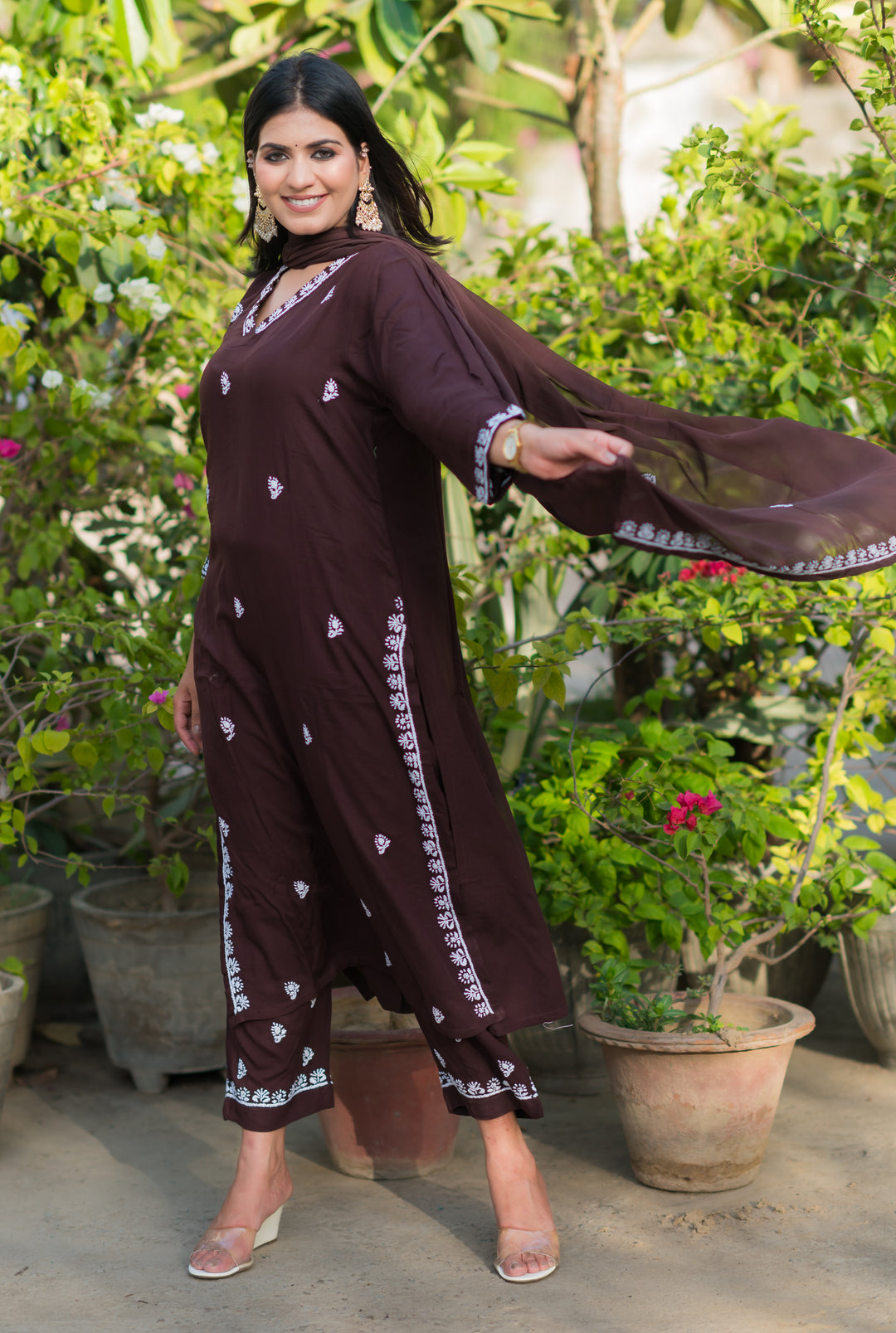 Brown Rayon Chikankari Suit Set