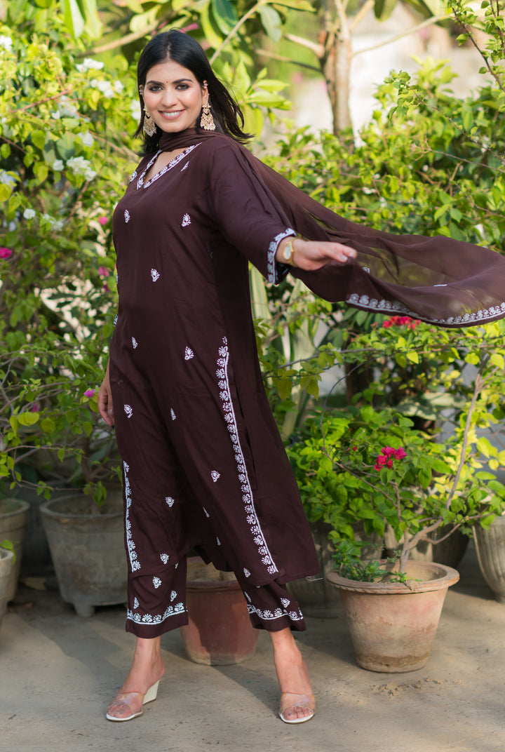 Brown Rayon Chikankari Suit Set