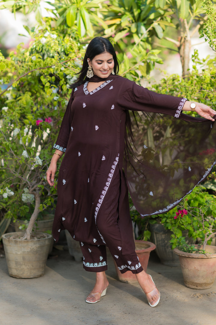 Brown Rayon Chikankari Suit Set