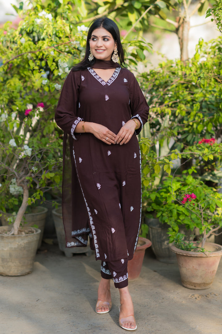 Brown Rayon Chikankari Suit Set