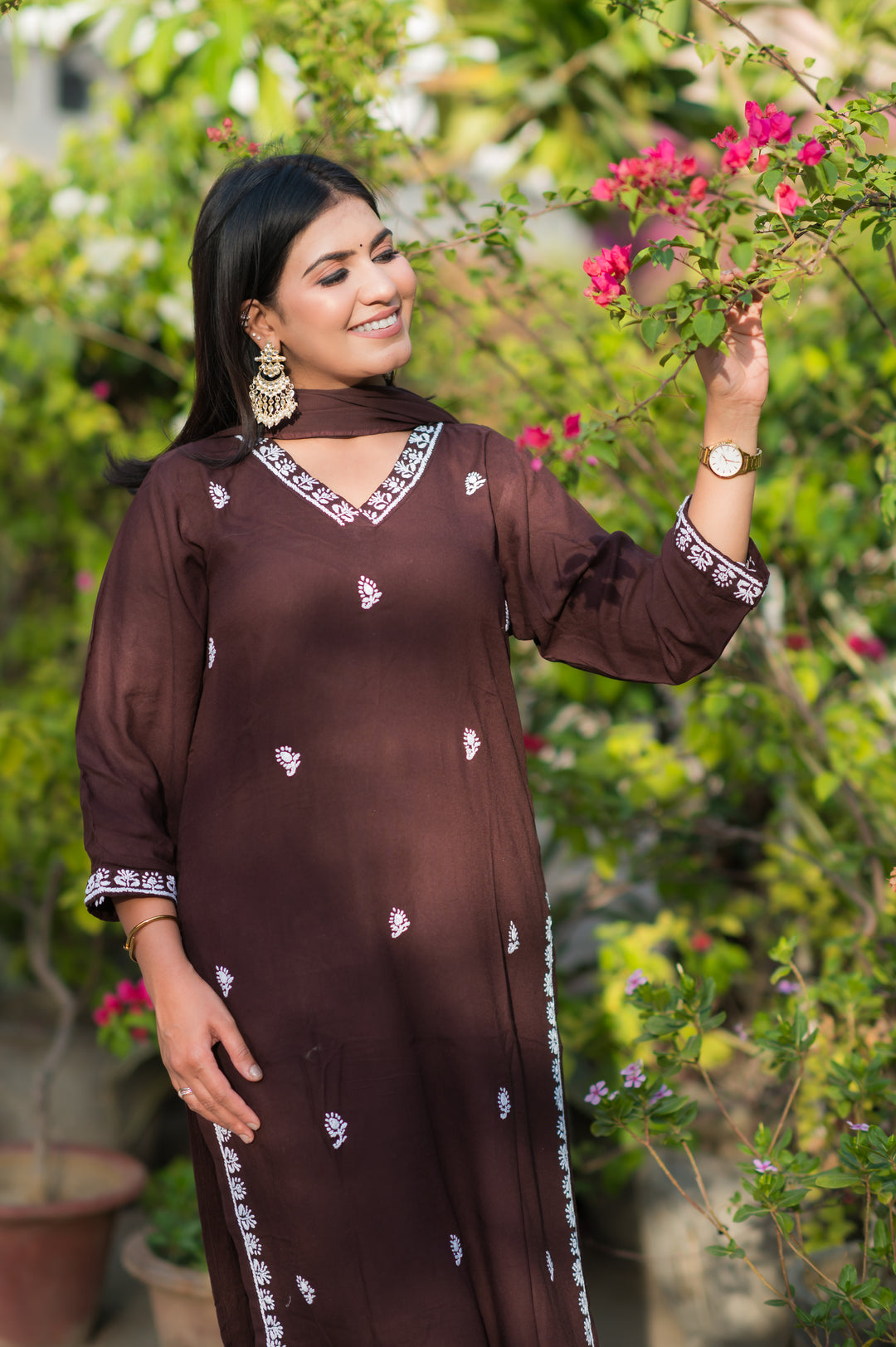 Brown Rayon Chikankari Suit Set