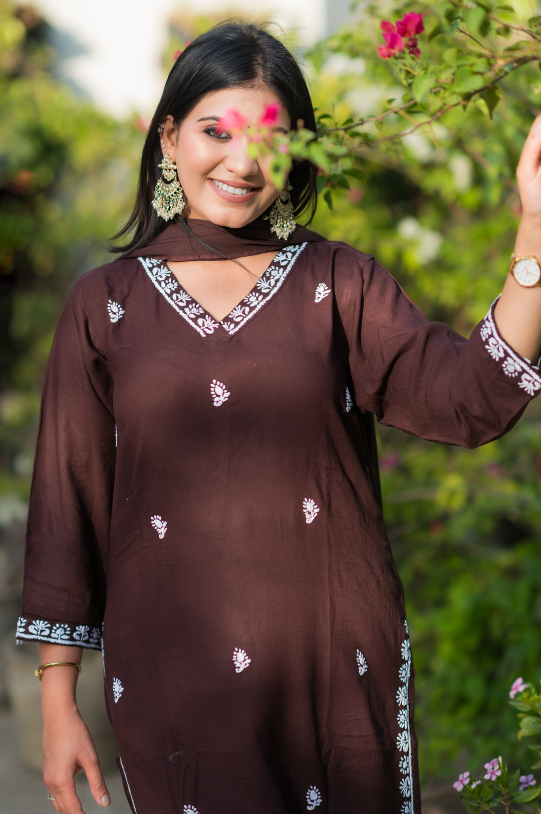 Brown Rayon Chikankari Suit Set