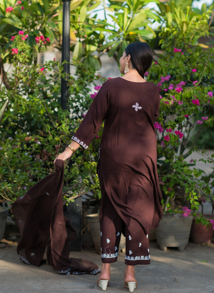 Brown Rayon Chikankari Suit Set