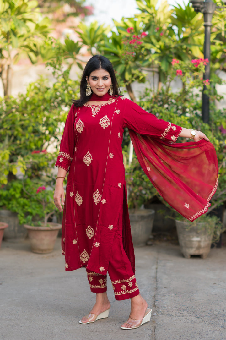 Maroon Rayon Chikankari Suit Set -Custom Made
