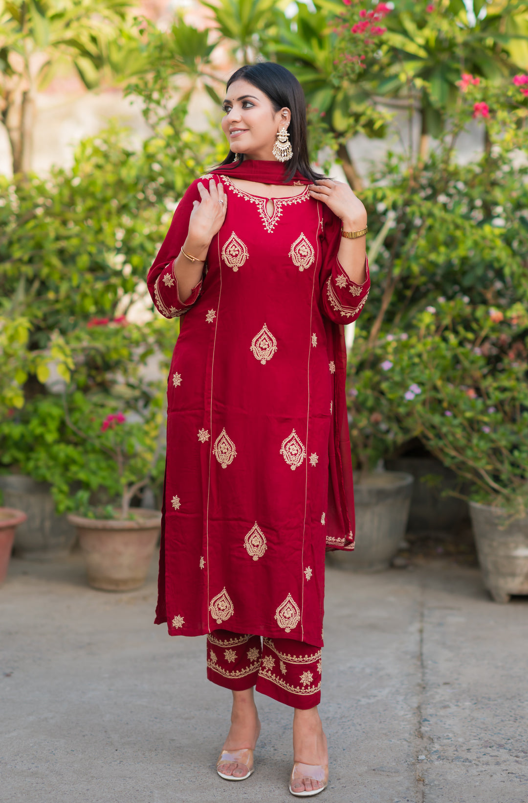 Maroon Rayon Chikankari Suit Set -Custom Made