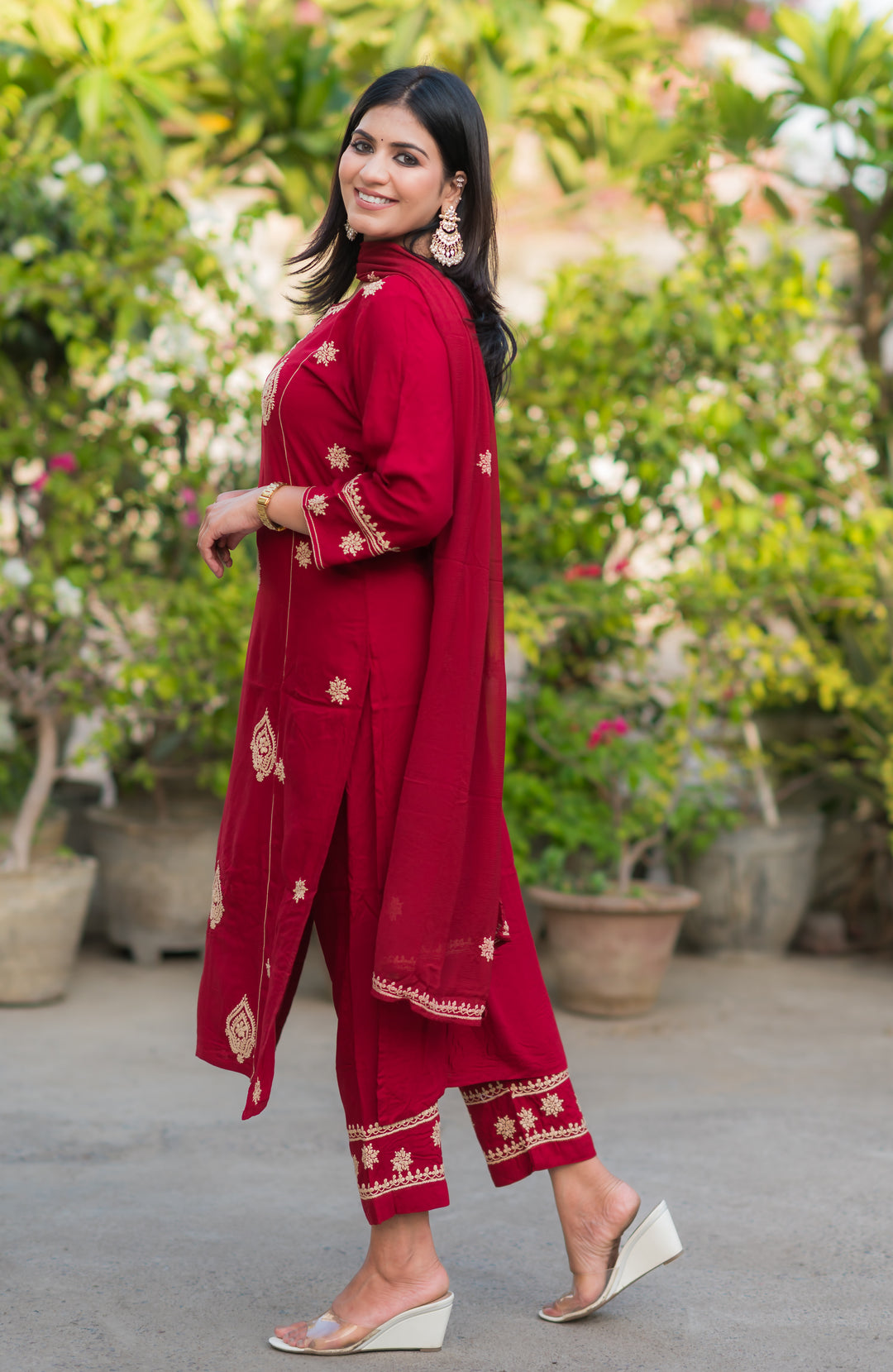 Maroon Rayon Chikankari Suit Set -Custom Made