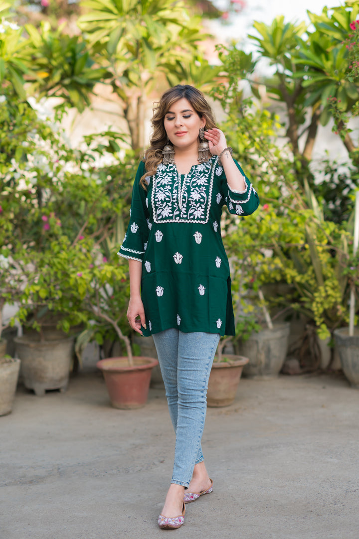 Dark Green Rayon Chikankari Short kurta -Custom Made