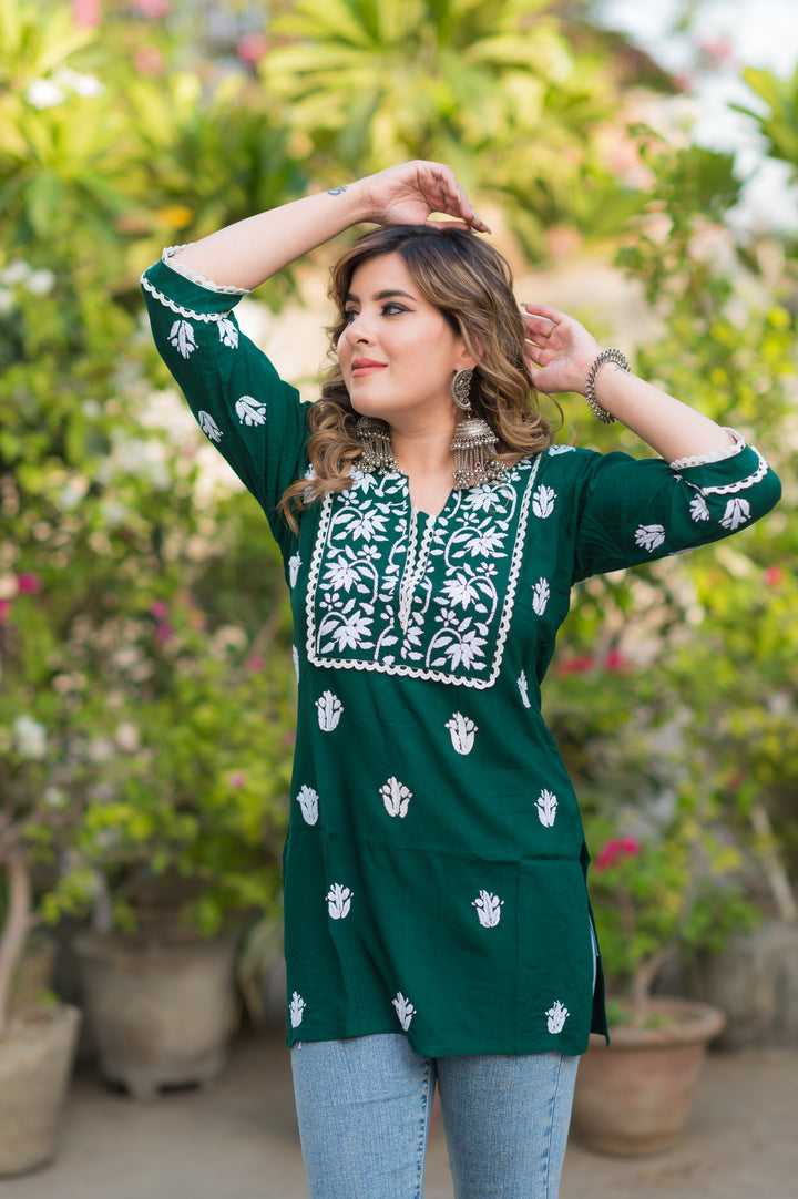 Dark Green Rayon Chikankari Short kurta -Custom Made