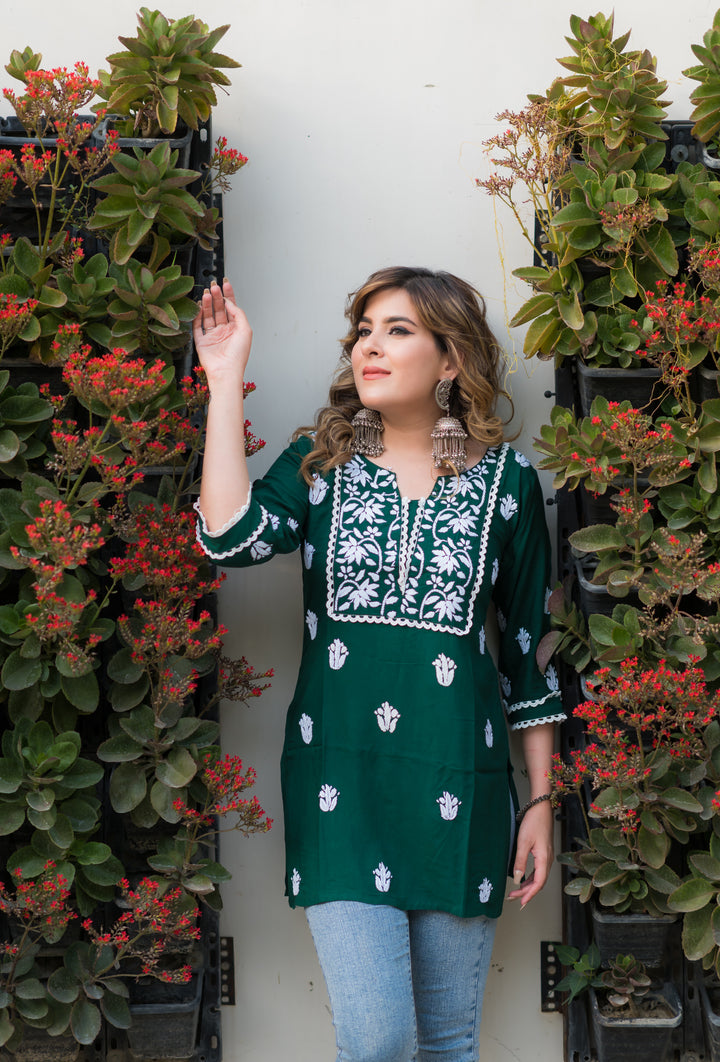 Dark Green Rayon Chikankari Short kurta -Custom Made
