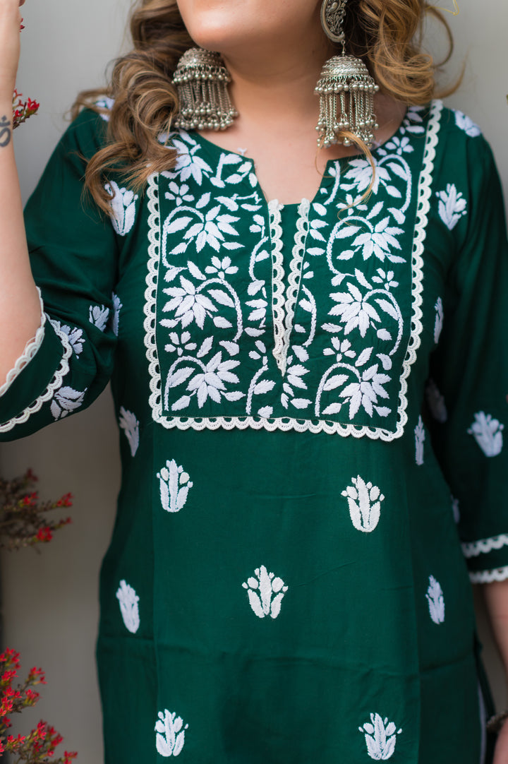 Dark Green Rayon Chikankari Short kurta -Custom Made