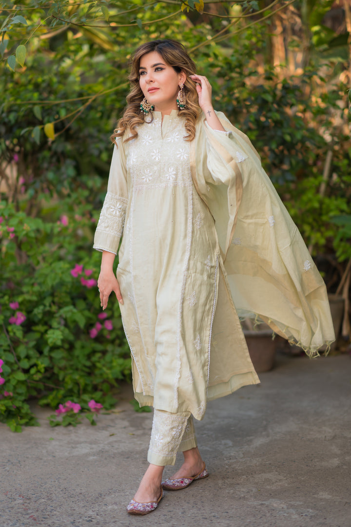 Mint Green Chanderi Chikankari Suit Set -Custom Made