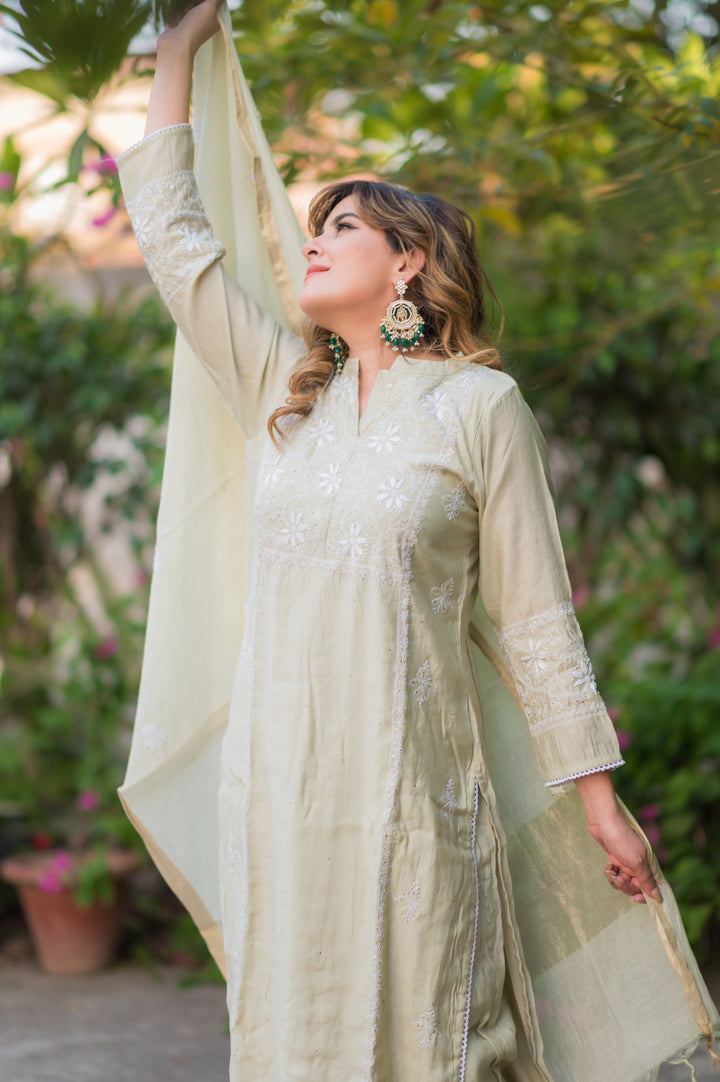 Mint Green Chanderi Chikankari Suit Set -Custom Made