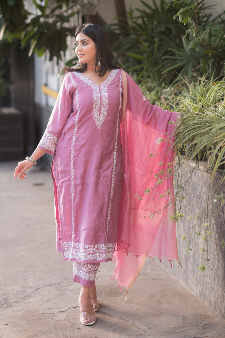 Mouve Chanderi Chikankari Suit Set