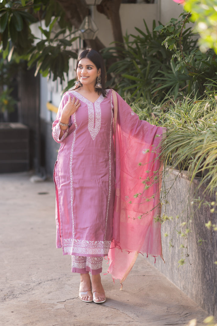 Mouve Chanderi Chikankari Suit Set
