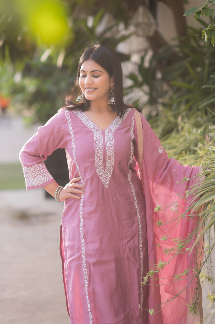 Mouve Chanderi Chikankari Suit Set