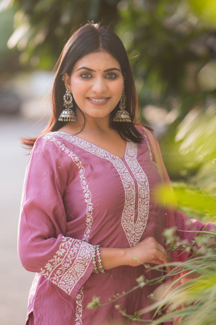 Mouve Chanderi Chikankari Suit Set