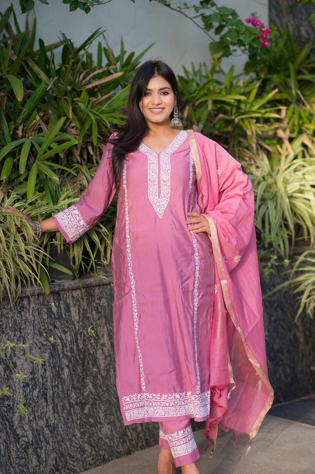Mouve Chanderi Chikankari Suit Set