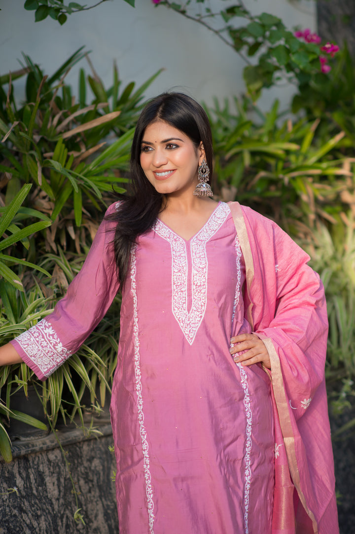 Mouve Chanderi Chikankari Suit Set