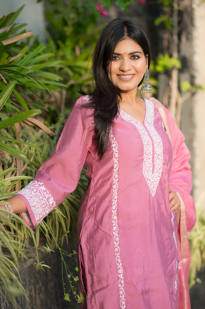 Mouve Chanderi Chikankari Suit Set