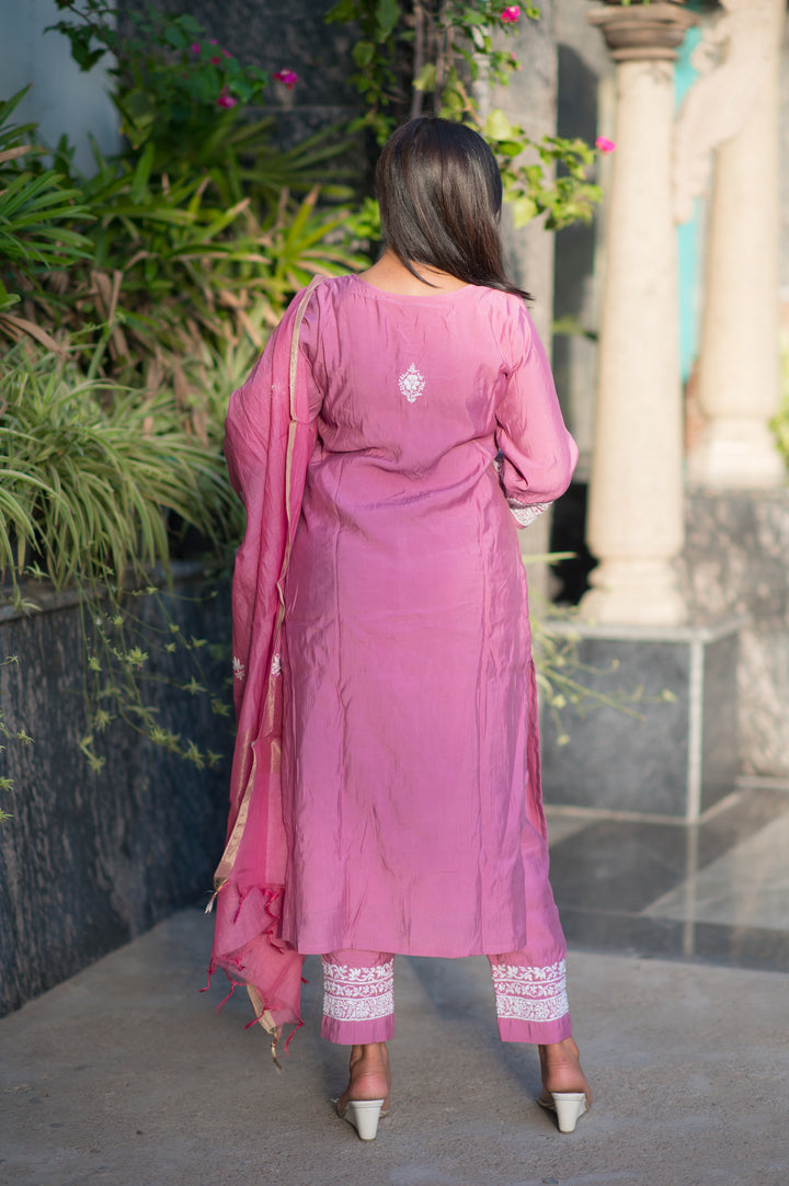 Mouve Chanderi Chikankari Suit Set