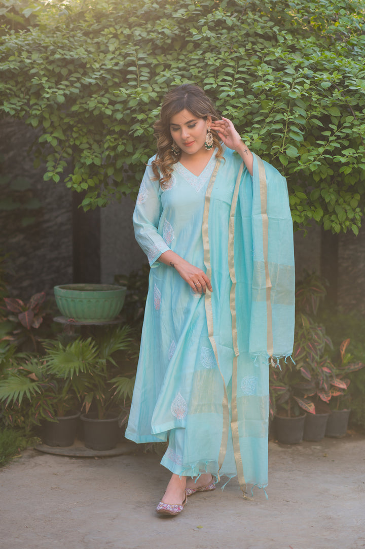 Sky Blue Chanderi Chikankari Suit Set
