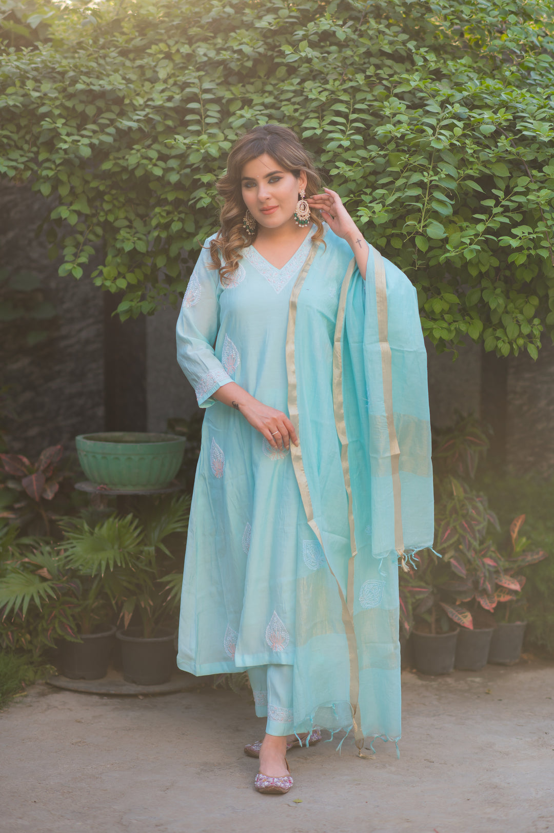 Sky Blue Chanderi Chikankari Suit Set