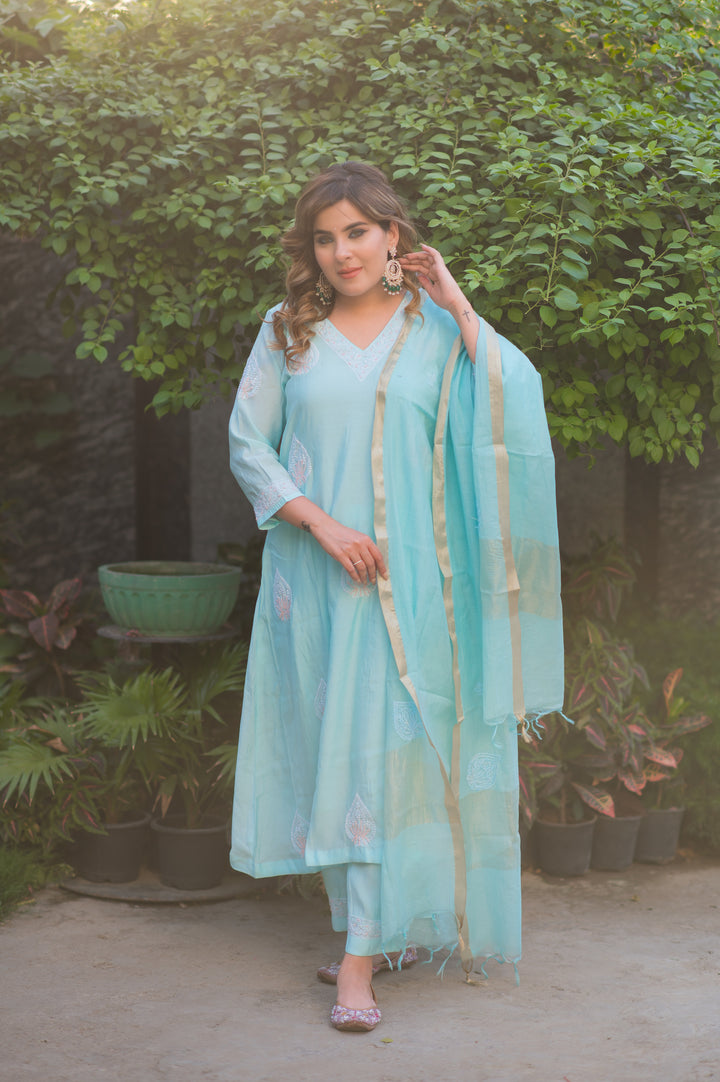 Sky Blue Chanderi Chikankari Suit Set