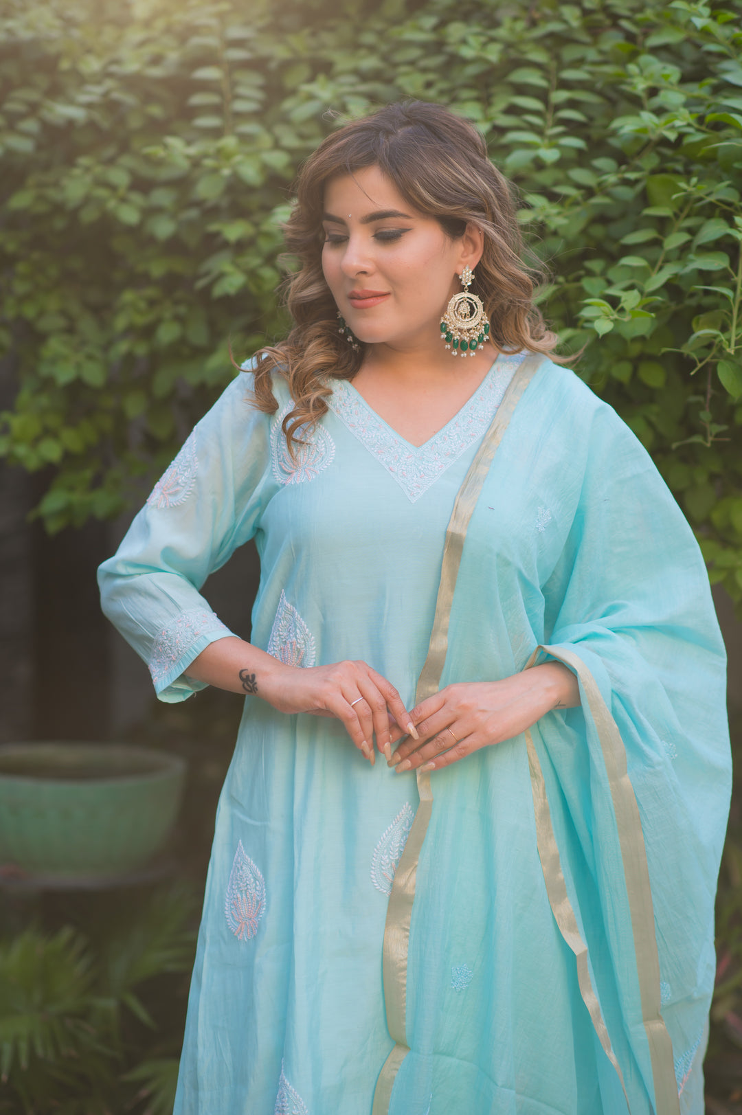 Sky Blue Chanderi Chikankari Suit Set