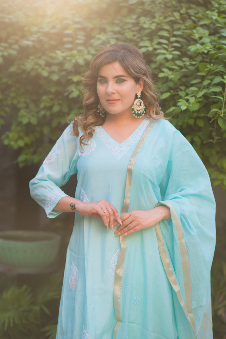 Sky Blue Chanderi Chikankari Suit Set