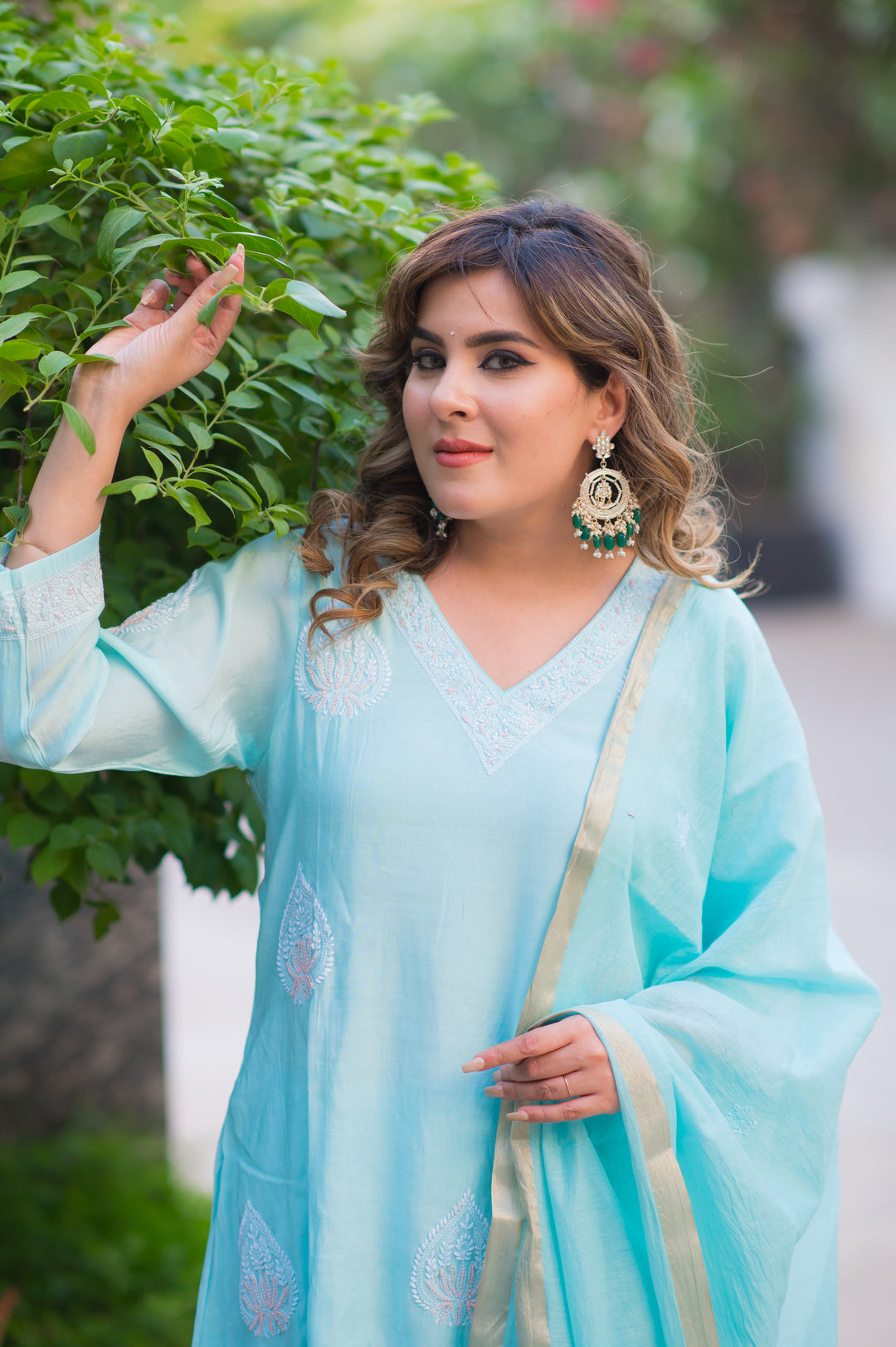 Sky Blue Chanderi Chikankari Suit Set