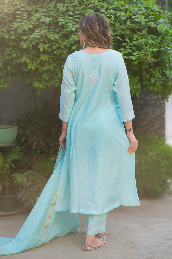 Sky Blue Chanderi Chikankari Suit Set