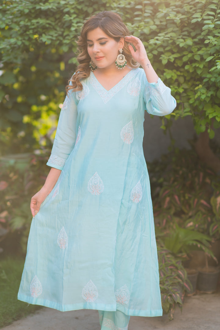 Sky Blue Chanderi Chikankari Suit Set