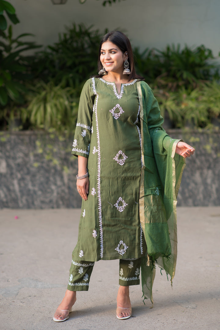 Mehndi Green Chanderi Chikankari Suit Set -Custom Made