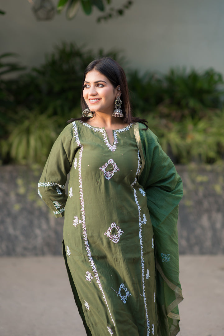 Mehndi Green Chanderi Chikankari Suit Set -Custom Made