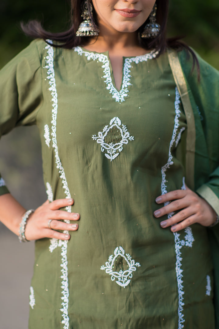 Mehndi Green Chanderi Chikankari Suit Set -Custom Made