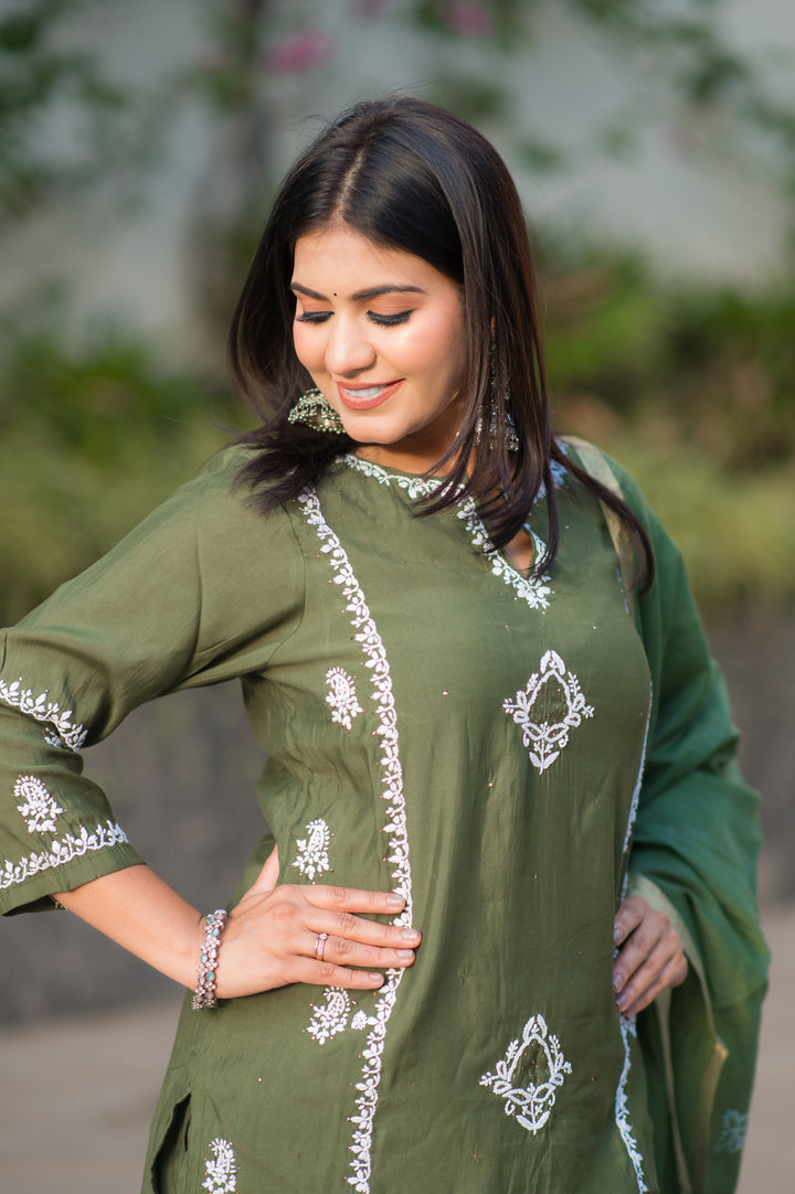 Mehndi Green Chanderi Chikankari Suit Set -Custom Made