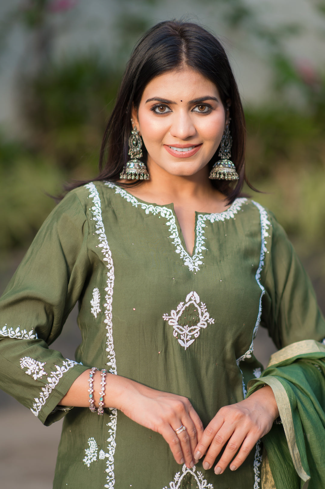 Mehndi Green Chanderi Chikankari Suit Set -Custom Made