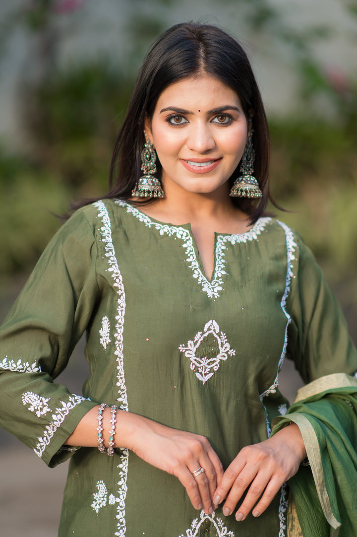 Mehndi Green Chanderi Chikankari Suit Set -Custom Made