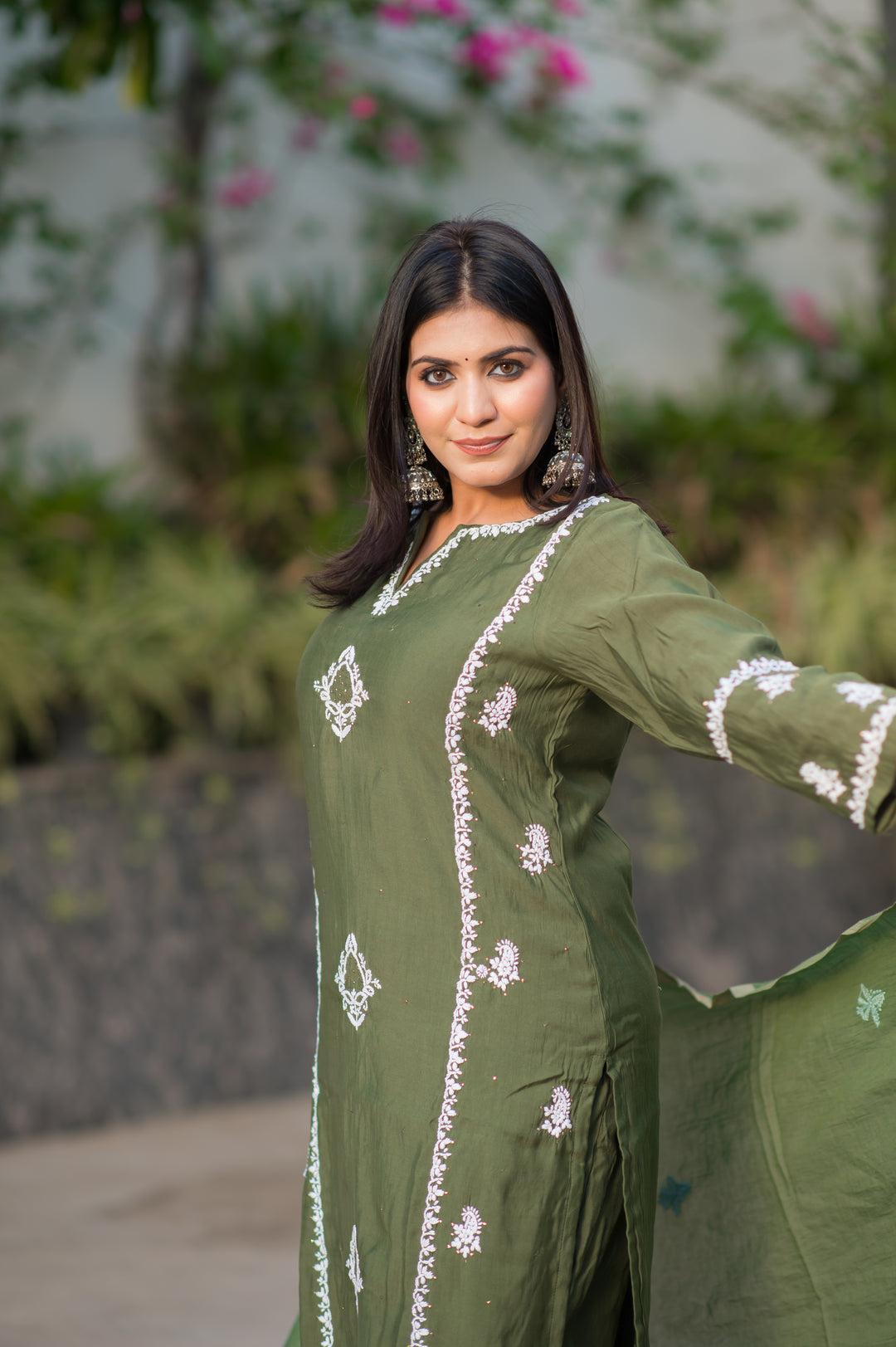 Mehndi Green Chanderi Chikankari Suit Set -Custom Made