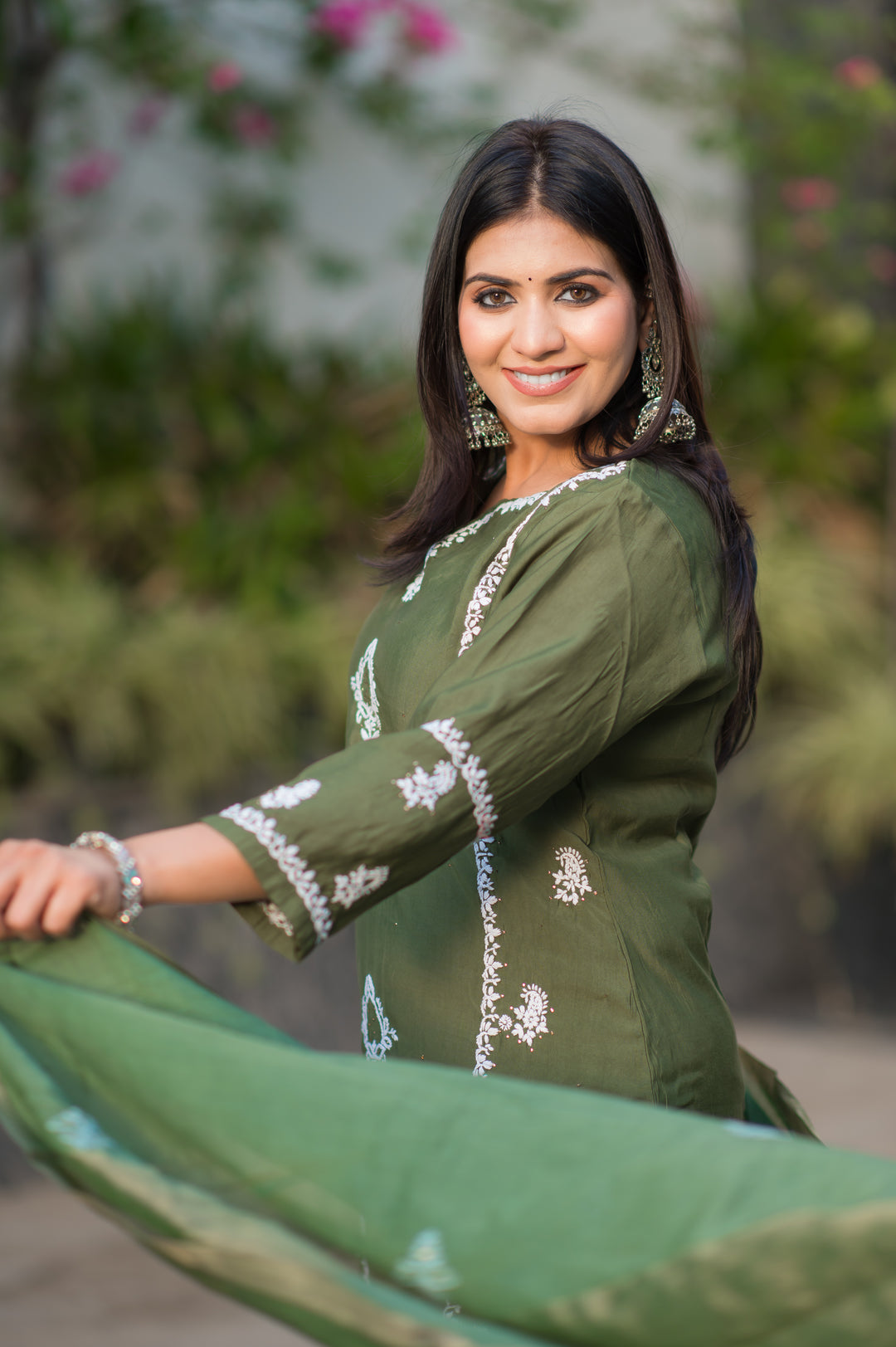 Mehndi Green Chanderi Chikankari Suit Set -Custom Made