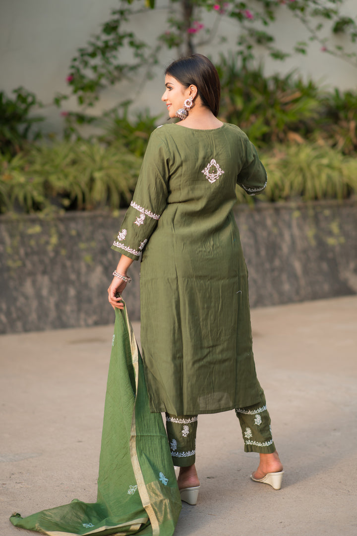 Mehndi Green Chanderi Chikankari Suit Set -Custom Made