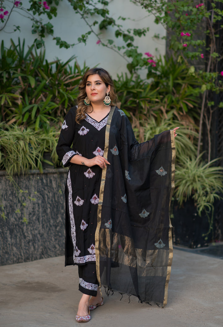 Black Chanderi Chikankari Suit Set -Custom Made