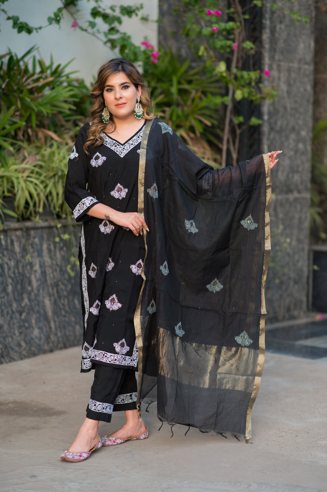 Black Chanderi Chikankari Suit Set -Custom Made