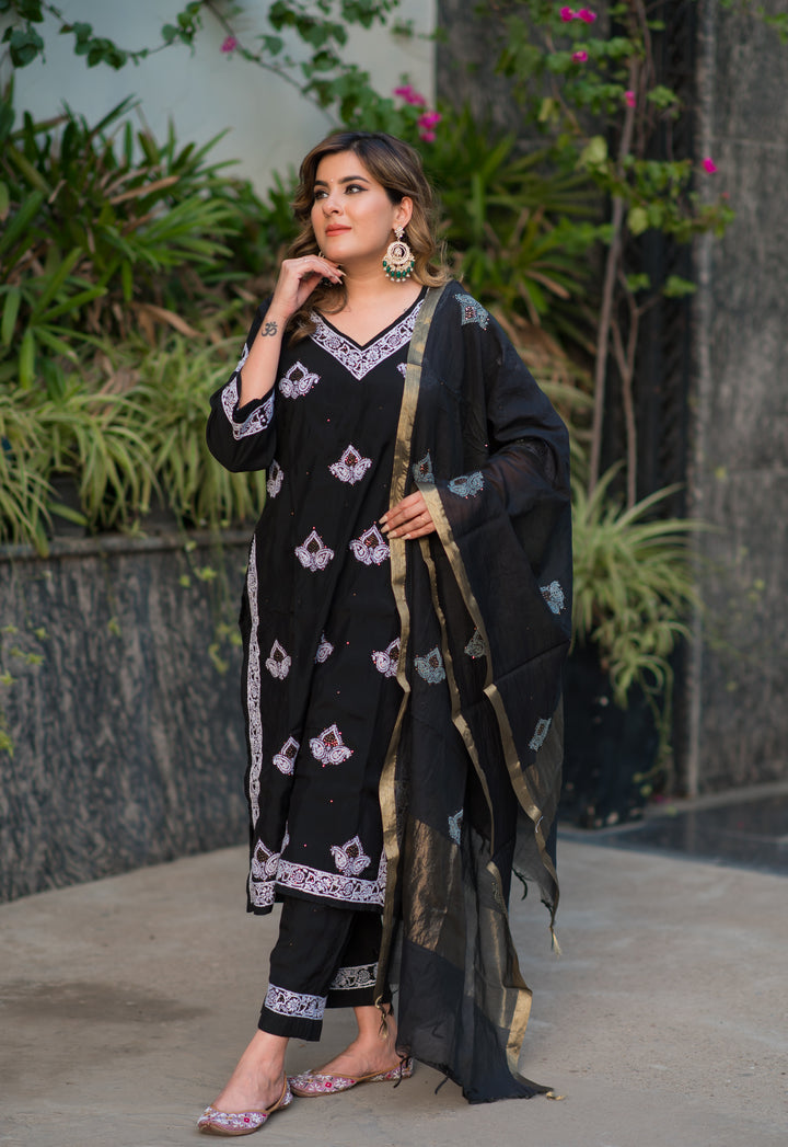 Black Chanderi Chikankari Suit Set -Custom Made