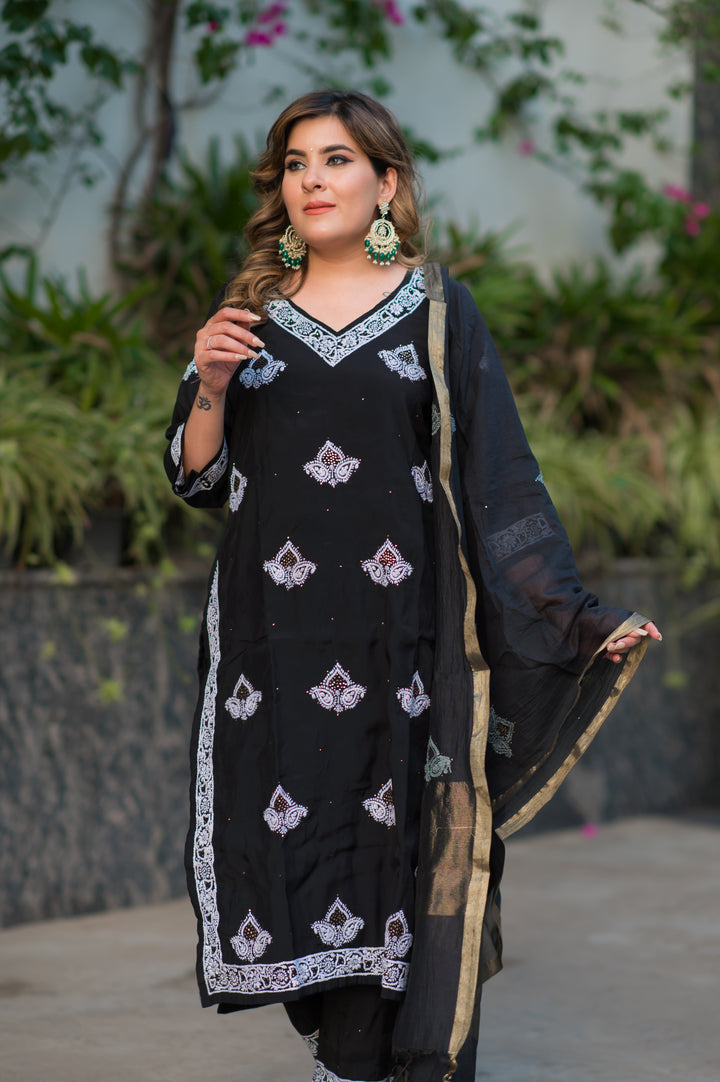 Black Chanderi Chikankari Suit Set -Custom Made
