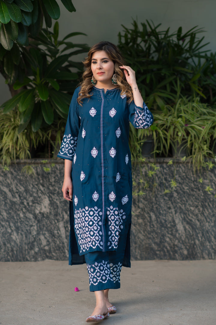 Peacock Blue Chanderi Chikankari Set -Custom Made